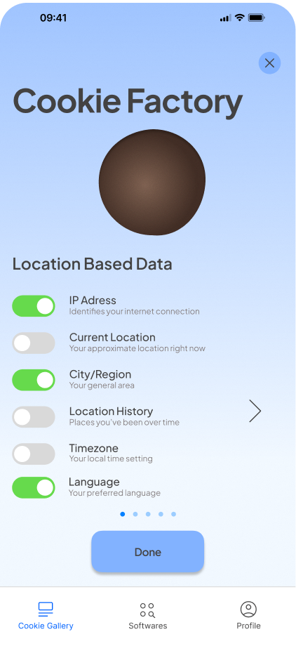 Cookie Factory screen with location data toggles