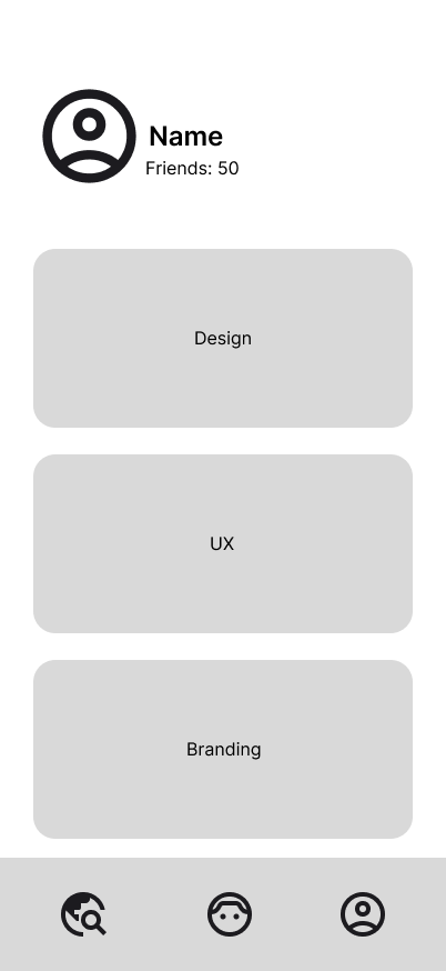 Profile screen wireframe listing Design, UX and Branding algorithm categories
