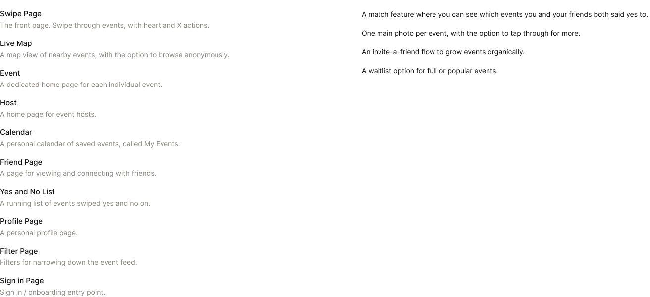 List of ten initial concept screens and ideas from the brainstorm