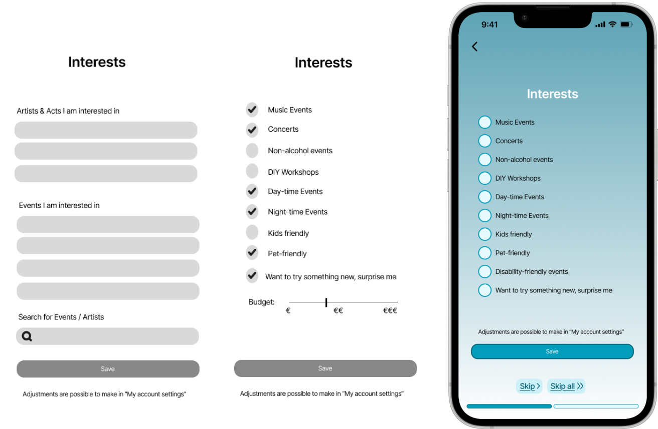 Text fields approach compared to checkboxes approach, next to the final onboarding design