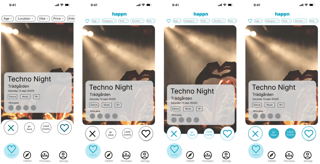 Four iterations of the swipe screen, progressively adding brand color and the happn wordmark