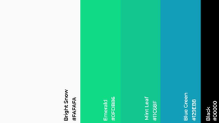 Full colour palette: Bright Snow, Emerald, Mint Leaf, Blue Green and Black with hex codes