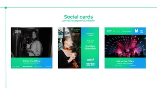 Social cards for Luma, Instagram and LinkedIn applying the identity to real event photography