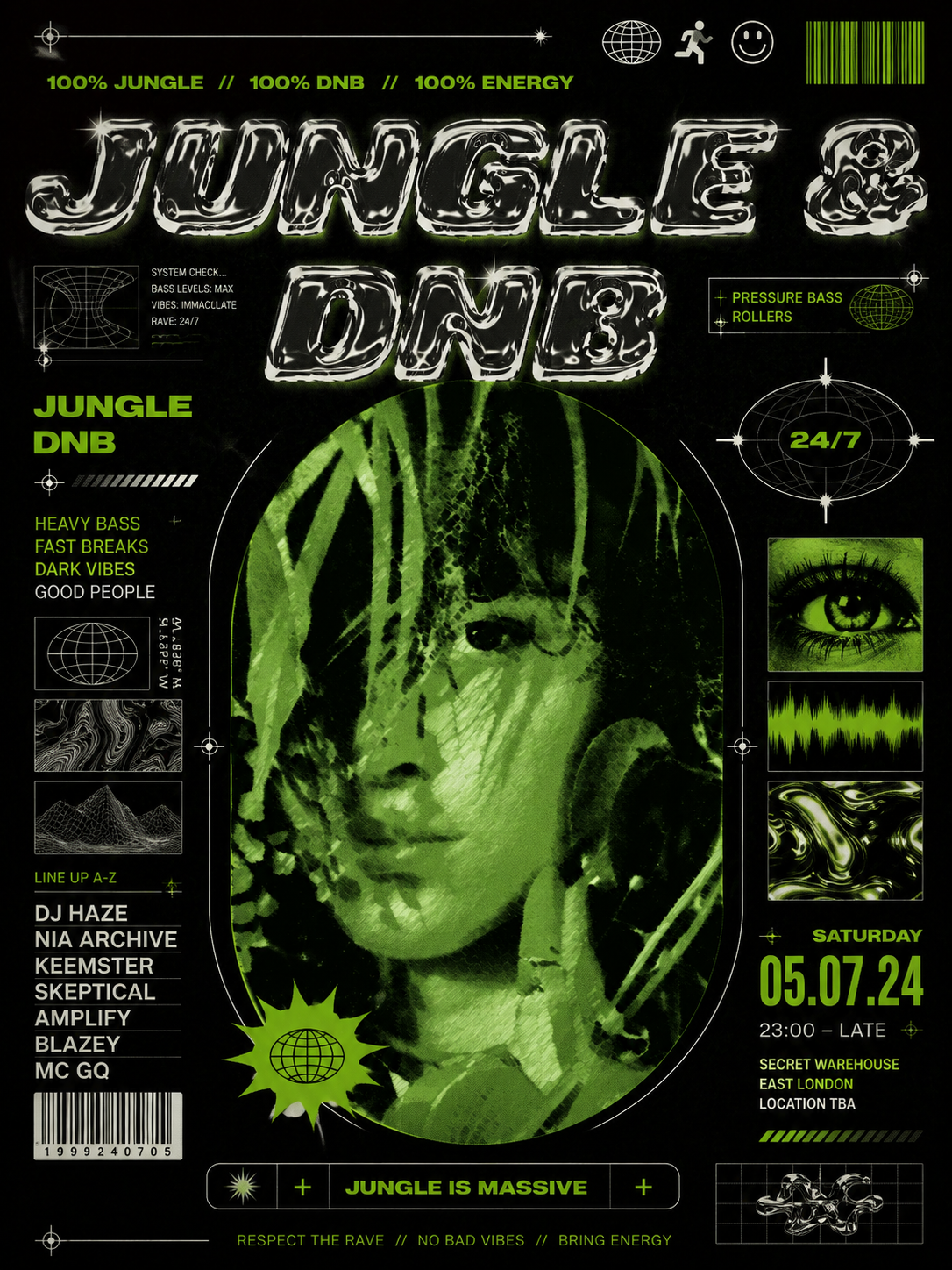 Jungle and DnB fictional event poster with green rave graphics