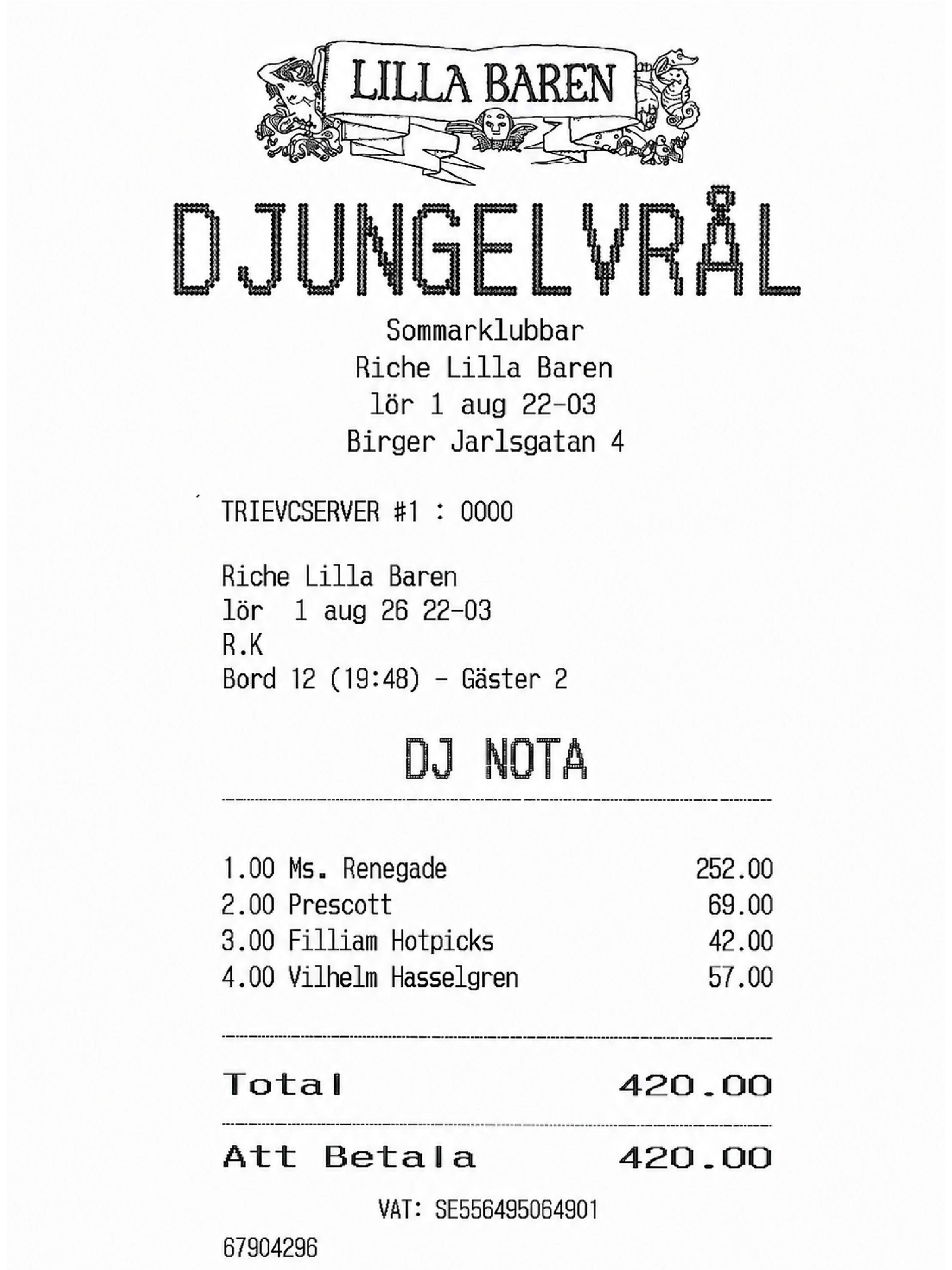 Lilla Baren, Riche poster designed as a printed club receipt